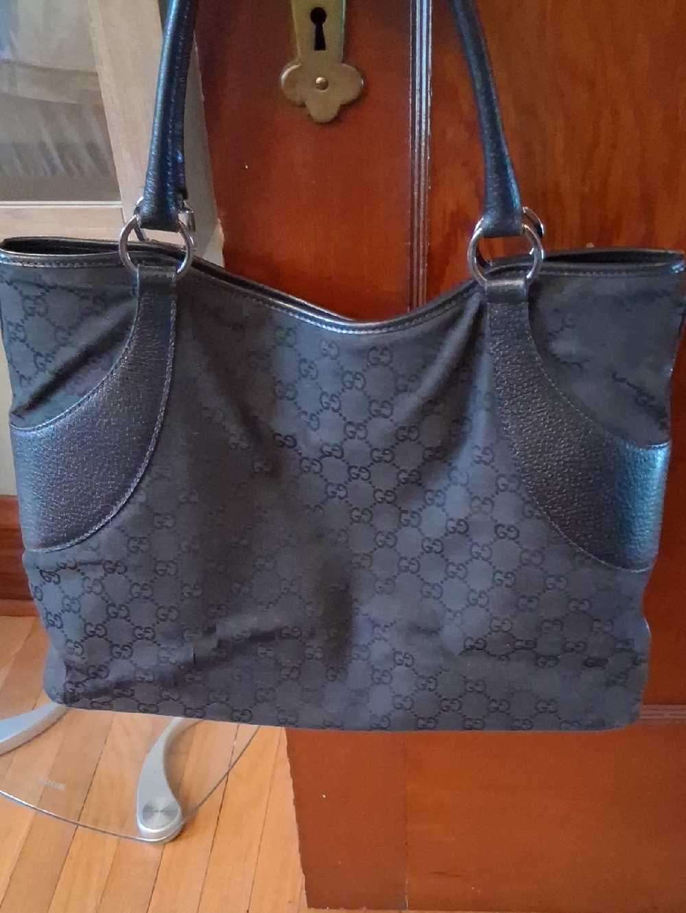 Authentic Gucci Black Monogram Tote with Leather Trim